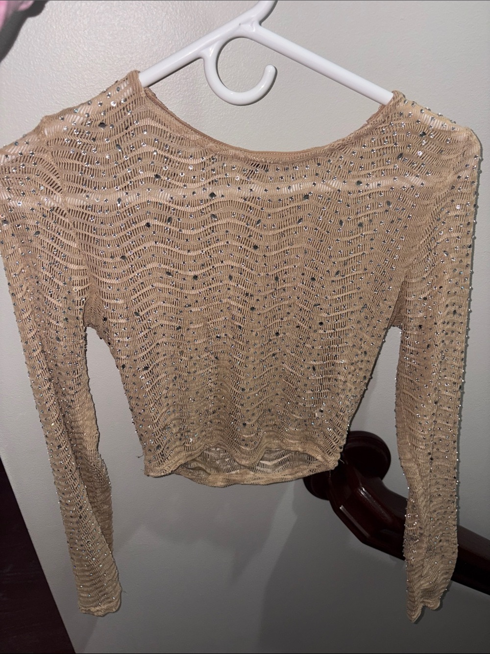 Neutral Sequined Knit Long-Sleeve Top